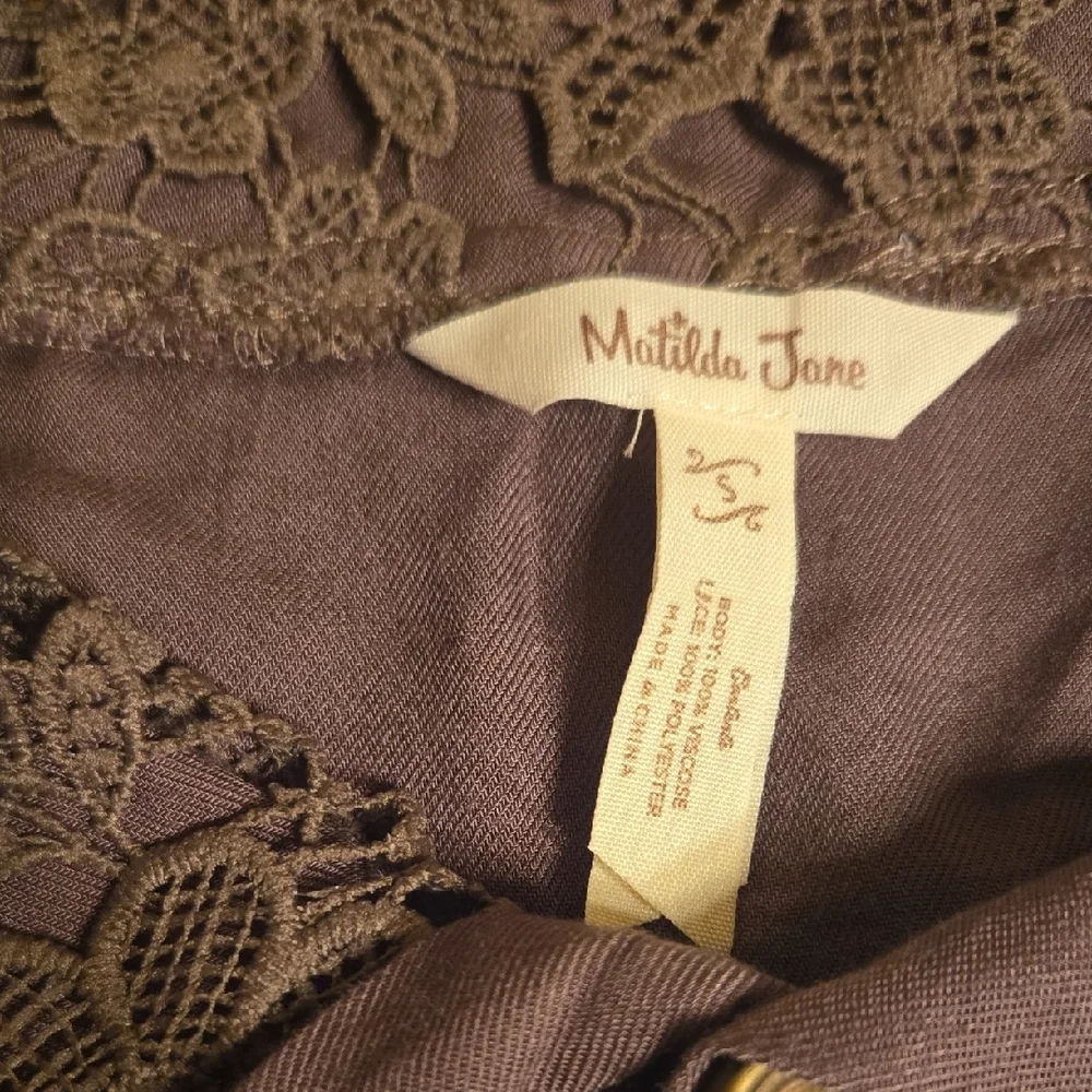 3/$17 Matilda Jane Brown Button Down Shirt Vest with Lace Collar and Pockets - Picture 2 of 6